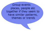 Group events, places, people etc together if they seem to have similar patterns, themes or trends